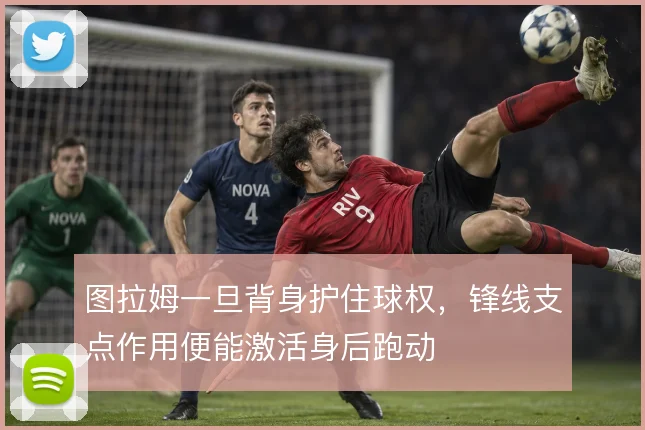 图拉姆一旦背身护住球权，锋线支点作用便能激活身后跑动